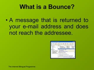 What is a Bounce? A message that is returned to your e-mail address and does not reach the addressee. 