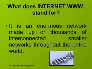 What does INTERNET WWW  stand for? It is an enormous network made up of thousands of interconnected smaller networks throughout the entire world. 