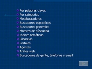 Por palabras claves Por categorias Metabuscadores Buscadores especificos Buscadores generales Motores de búsqueda Indices temáticos Pasarelas Portales Agentes Anillos web Buscadores de gente, teléfonos y email 