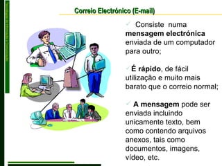 Correio Electrónico (E-mail) Consiste  numa  mensagem electrónica  enviada de um computador para outro; É rápido , de fácil utilização e muito mais barato que o correio normal; A mensagem  pode ser enviada incluindo unicamente texto, bem como contendo arquivos anexos, tais como documentos, imagens, vídeo, etc. 