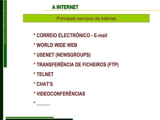Principais serviços da Internet * CORREIO ELECTRÓNICO - E-mail * WORLD WIDE WEB * USENET (NEWSGROUPS) * TRANSFERÊNCIA DE FICHEIROS (FTP) * TELNET * CHAT’S * VIDEOCONFERÊNCIAS * ……… A INTERNET 