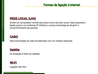 REDE LOCAL (LAN) Existe um computador central que actua como servidor proxy Cada dispositivo ligado possui um endereço IP distinto e o proxy encarrega-se de gerir o encaminhamento de pacotes  CABO (Nova tecnologia do cabo da televisão com um modem especial)  Satélite (A recepção é feita via satélite) WI-FI Ligação sem fios Formas de ligação à Internet 
