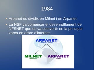 1984
●   Arpanet es dividix en Milnet i en Arpanet.
●   La NSF va començar el desenrotllament de
    NFSNET que es va comvertir en la principal
    xarxa en arbre d'internet.
 