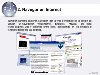 2. Navegar en Internet

También llamado explorar. Navegar (por la web o internet) es la acción de
utilizar un navegador web(Internet Explorer, Mozilla, etc) para
visitar páginas web y saltando entre ellas, accediendo en los enlaces o
vínculos dentro de las paginas.
 