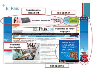 +
    El Pais        Superbanner o
                     leaderbord        Top Banner




                                      Publicidad de fondo
                                           de pagina




      Publicidad
     desplegable




                                   Robapagina
 