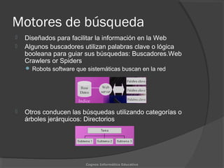 Motores de búsqueda
 Diseñados para facilitar la información en la Web
 Algunos buscadores utilizan palabras clave o lógica
booleana para guiar sus búsquedas: Buscadores.Web
Crawlers or Spiders
 Robots software que sistemáticas buscan en la red
 Otros conducen las búsquedas utilizando categorías o
árboles jerárquicos: Directorios
Cognos Informática Educativa
 