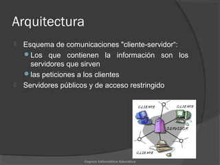 Arquitectura
 Esquema de comunicaciones "cliente-servidor“:
Los que contienen la información son los
servidores que sirven
las peticiones a los clientes
 Servidores públicos y de acceso restringido
Cognos Informática Educativa
 