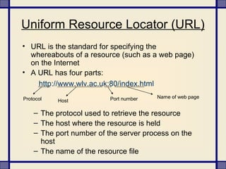 Uniform Resource Locator (URL)
• URL is the standard for specifying the
whereabouts of a resource (such as a web page)
on the Internet
• A URL has four parts:
– The protocol used to retrieve the resource
– The host where the resource is held
– The port number of the server process on the
host
– The name of the resource file
http://www.wlv.ac.uk:80/index.html
Protocol Host Port number Name of web page
 