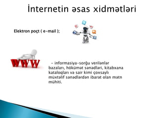 İnternetin əsas xidmətləri
Elektron poçt ( e-mail );
- informasiya-sorğu verilənlər
bazaları, hökümət sənədləri, kitabxana
kataloqları və sair kimi çoxsaylı
müxtəlif sənədlərdən ibarət olan mətn
mühiti.
 