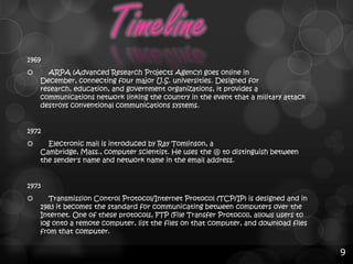 1969


ARPA (Advanced Research Projects Agency) goes online in
December, connecting four major U.S. universities. Designed for
research, education, and government organizations, it provides a
communications network linking the country in the event that a military attack
destroys conventional communications systems.

1972


Electronic mail is introduced by Ray Tomlinson, a
Cambridge, Mass., computer scientist. He uses the @ to distinguish between
the sender's name and network name in the email address.

1973


Transmission Control Protocol/Internet Protocol (TCP/IP) is designed and in
1983 it becomes the standard for communicating between computers over the
Internet. One of these protocols, FTP (File Transfer Protocol), allows users to
log onto a remote computer, list the files on that computer, and download files
from that computer.

9

 