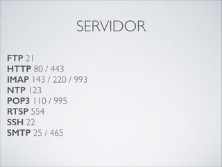SERVIDOR
FTP 21	

HTTP 80 / 443	

IMAP 143 / 220 / 993 
NTP 123  
POP3 110 / 995 
RTSP 554  
SSH 22 
SMTP 25 / 465

 