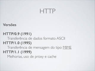 HTTP
Versões
!

HTTP/0.9 (1991)
Transferência de dados formato ASCII
HTTP/1.0 (1995)
Transferência de mensagem do tipo MIME
HTTP/1.1 (1999)
Melhorias, uso de proxy e cache

 