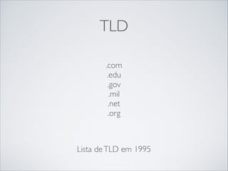 TLD
.com 
.edu 
.gov 
.mil 
.net 
.org	

!

Lista de TLD em 1995

 