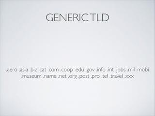 GENERIC TLD

.aero .asia .biz .cat .com .coop .edu .gov .info .int .jobs .mil .mobi
.museum .name .net .org .post .pro .tel .travel .xxx

 