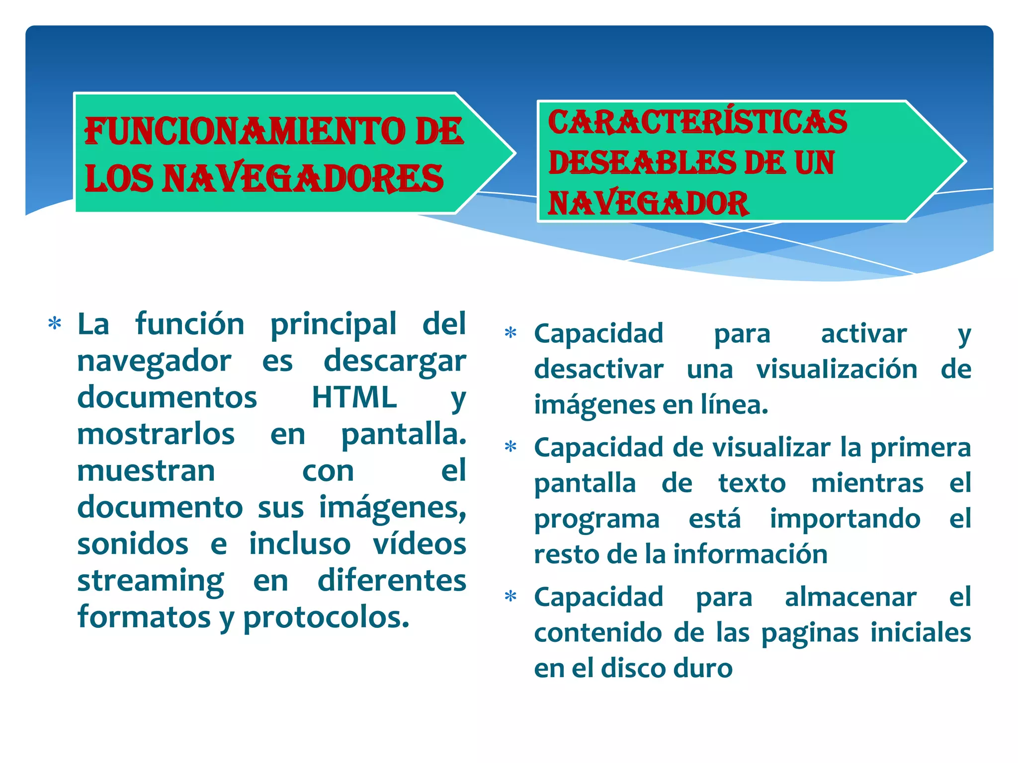 Funcionamiento de
los navegadores

La función principal del
navegador es descargar
documentos
HTML
y
mostrarlos en pantalla.
muestran
con
el
documento sus imágenes,
sonidos e incluso vídeos
streaming en diferentes
formatos y protocolos.

Características
deseables de un
navegador

Capacidad
para
activar
y
desactivar una visuaIización de
imágenes en línea.
Capacidad de visualizar la primera
pantalla de texto mientras el
programa está importando el
resto de la información
Capacidad para almacenar el
contenido de las paginas iniciales
en el disco duro

 