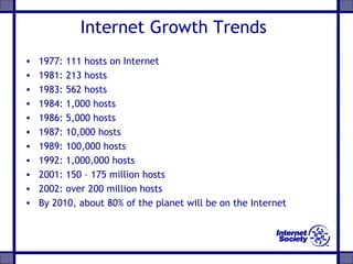 Internet Growth Trends
•
•
•
•
•
•
•
•
•
•
•

1977: 111 hosts on Internet
1981: 213 hosts
1983: 562 hosts
1984: 1,000 hosts
1986: 5,000 hosts
1987: 10,000 hosts
1989: 100,000 hosts
1992: 1,000,000 hosts
2001: 150 – 175 million hosts
2002: over 200 million hosts
By 2010, about 80% of the planet will be on the Internet

 