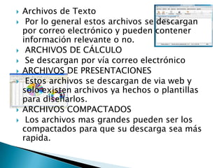 










Archivos de Texto
Por lo general estos archivos se descargan
por correo electrónico y pueden contener
información relevante o no.
ARCHIVOS DE CÁLCULO
Se descargan por vía correo electrónico
ARCHIVOS DE PRESENTACIONES
Estos archivos se descargan de via web y
solo existen archivos ya hechos o plantillas
para diseñarlos.
ARCHIVOS COMPACTADOS
Los archivos mas grandes pueden ser los
compactados para que su descarga sea más
rapida.

 