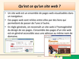 Surfer sur le web ? Les risques
• La publicité : les internautes sont vus
comme des consommateurs, cibles
des nombreux messages publicitaires
que leur délivre Internet sans relâche.
• Contenu nuisible: Cela peut aller de
l'information écrite (sites racistes ou
sectaires) à des images toxiques
(pornographie, violence, etc.).
• Les informations non fiables: toutes
les informations que l'on trouve sur
Internet ne sont pas fiables, apprenez
à vérifier leurs sources.
21@telier
 