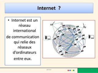 Internet ?
• Internet est un
réseau
international
de communication
qui relie des
réseaux
d’ordinateurs
entre eux.
3@telier
 