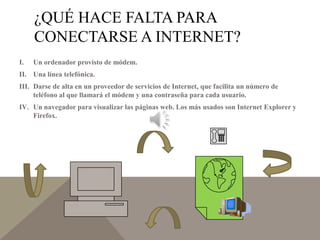 ¿QUÉ HACE FALTA PARA
CONECTARSE A INTERNET?
I.

Un ordenador provisto de módem.

II. Una línea telefónica.

III. Darse de alta en un proveedor de servicios de Internet, que facilita un número de
teléfono al que llamará el módem y una contraseña para cada usuario.
IV. Un navegador para visualizar las páginas web. Los más usados son Internet Explorer y
Firefox.

 