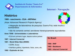 Instituto de Ensino “Santo Ivo”
Departamento de Informática

Internet - Navegação

Histórico
1969 - nascimento - EUA - ARPANet
(Arpa: Advanced Research Projects Agency)
• Integração de laboratórios de pesquisa; Guerra Fria; rede imune a
bombardeios
• não há comando central; servidores hierarquicamente equivalentes
Anos 70/80 - Universidades e Laboratórios

• EUA em primeiro lugar, depois outros países
1987 - Internet Comercial

No Brasil:

1991 - World Wide Web (WWW)
• CERN, Suíça

1990 - RNP

• Interface gráfica, hipertexto, fotos, sons, etc.

1992 - Backbone

1992 - Explosão de Uso

1995 - Internet Comercial

 
