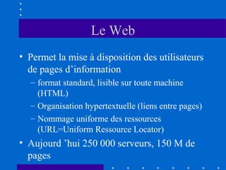 Le Web
• Permet la mise à disposition des utilisateurs
de pages d’information
– format standard, lisible sur toute machine
(HTML)
– Organisation hypertextuelle (liens entre pages)
– Nommage uniforme des ressources
(URL=Uniform Ressource Locator)

• Aujourd ’hui 250 000 serveurs, 150 M de
pages

 