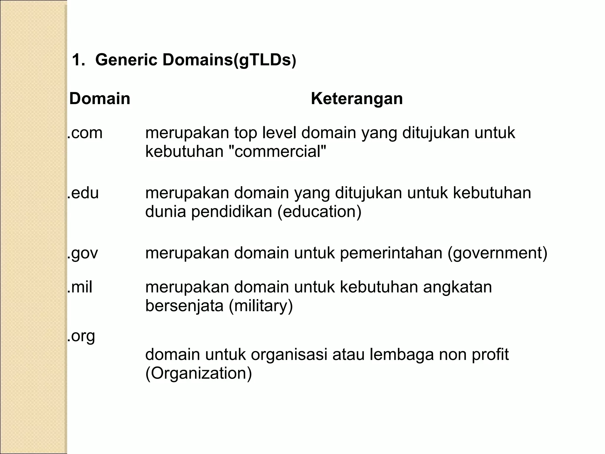 1. Generic Domains(gTLDs)
Domain

Keterangan

.com

merupakan top level domain yang ditujukan untuk
kebutuhan "commercial"

.edu

merupakan domain yang ditujukan untuk kebutuhan
dunia pendidikan (education)

.gov

merupakan domain untuk pemerintahan (government)

.mil

merupakan domain untuk kebutuhan angkatan
bersenjata (military)

.org

domain untuk organisasi atau lembaga non profit
(Organization)

 