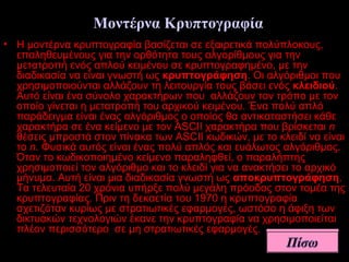 Μοντέρνα Κρυπτογραφία
• Η μοντέρνα κρυπτογραφία βασίζεται σε εξαιρετικά πολύπλοκους,
επαληθευμένους για την ορθότητα τους αλγορίθμους για την
μετατροπή ενός απλού κειμένου σε κρυπτογραφημένο, με την
διαδικασία να είναι γνωστή ως κρυπτογράφηση. Οι αλγόριθμοι που
χρησιμοποιούνται αλλάζουν τη λειτουργία τους βάσει ενός κλειδιού.
Αυτό είναι ένα σύνολο χαρακτήρων που αλλάζουν τον τρόπο με τον
οποίο γίνεται η μετατροπή του αρχικού κειμένου. Ένα πολύ απλό
παράδειγμα είναι ένας αλγόριθμος ο οποίος θα αντικαταστήσει κάθε
χαρακτήρα σε ένα κείμενο με τον ASCII χαρακτήρα που βρίσκεται n
θέσεις μπροστά στον πίνακα των ASCII κωδικών, με το κλειδί να είναι
το n. Φυσικά αυτός είναι ένας πολύ απλός και ευάλωτος αλγόριθμος.
Όταν το κωδικοποιημένο κείμενο παραληφθεί, ο παραλήπτης
χρησιμοποιεί τον αλγόριθμο και το κλειδί για να ανακτήσει το αρχικό
μήνυμα. Αυτή είναι μια διαδικασία γνωστή ως αποκρυπτογράφηση.
Τα τελευταία 20 χρόνια υπήρξε πολύ μεγάλη πρόοδος στον τομέα της
κρυπτογραφίας. Πριν τη δεκαετία του 1970 η κρυπτογραφία
σχετιζόταν κυρίως με στρατιωτικές εφαρμογές, ωστόσο η άφιξη των
δικτυακών τεχνολογιών έκανε την κρυπτογραφία να χρησιμοποιείται
πλέον περισσότερο σε μη στρατιωτικές εφαρμογές.

 