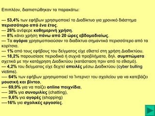 Επιπλέον, διαπιστώθηκαν τα παρακάτω:
--- 53,4% των εφήβων χρησιμοποιεί το Διαδίκτυο για χρονικό διάστημα
περισσότερο από ένα έτος.
--- 26% ανέφερε καθημερινή χρήση.
--- 8% κάνει χρήση πάνω από 20 ώρες εβδομαδιαίως.
--- Τα αγόρια χρησιμοποιούσαν το διαδίκτυο σημαντικά περισσότερο από τα
κορίτσια.
--- 1% από τους εφήβους του δείγματος είχε εθιστεί στη χρήση Διαδικτύου.
--- 18,2% παρουσίασε περιοδικά ή συχνά προβλήματα, δηλ. συμπτώματα
σχετικά με την κατάχρηση Διαδικτύου (κατάσταση πριν από το εθισμό).
--- 4,2% του δείγματος είχε δεχτεί απειλές μέσω Διαδικτύου (cyber bulling
victims).
victims
---- 64% των εφήβων χρησιμοποιεί το Ίντερνετ του σχολείου για να κατεβάζει
μουσική και βίντεο,
---- 69,9% για να παίζει online παιχνίδια,
---- 38% για συνομιλίες (chatting),
---- 9,6% για αγορές (shopping)
----16% για σχολικές εργασίες.

 
