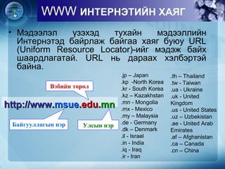 • Мэдээлэл үзэхэд тухайн мэдээллийн
Интернэтэд байрлаж байгаа хаяг буюу URL
(Uniform Resource Locator)-ийг мэдэж байх
шаардлагатай. URL нь дараах хэлбэртэй
байна.
WWW ИНТЕРНЭТИЙН ХАЯГ
http://www.http://www.msuemsue..eduedu..mnmn
Улсын нэр
Вэбийн төрөл
Байгууллагын нэр
.jp – Japan
.kp -North Korea
.kr - South Korea
.kz – Kazakhstan
.mn - Mongolia
.mx - Mexico
.my – Malaysia
.de - Germany
.dk – Denmark
.il - Israel
.in - India
.iq - Iraq
.ir - Iran
.th – Thailand
.tw - Taiwan
.ua - Ukraine
.uk - United
Kingdom
.us - United States
.uz – Uzbekistan
.ae - United Arab
Emirates
.af – Afghanistan
.ca – Canada
.cn – China
 