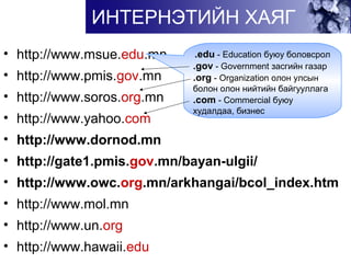 • http://www.msue.edu.mn
• http://www.pmis.gov.mn
• http://www.soros.org.mn
• http://www.yahoo.com
• http://www.dornod.mn
• http://gate1.pmis.gov.mn/bayan-ulgii/
• http://www.owc.org.mn/arkhangai/bcol_index.htm
• http://www.mol.mn
• http://www.un.org
• http://www.hawaii.edu
ИНТЕРНЭТИЙН ХАЯГ
.edu - Education буюу боловсрол
.gov - Government засгийн газар
.org - Organization олон улсын
болон олон нийтийн байгууллага
.com - Commercial буюу
худалдаа, бизнес
 