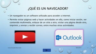 ¿QUÉ ES UN NAVEGADOR?
• Un navegador es un software utilizado para acceder a internet.
• Permite visitar páginas web y hacer actividades en ella, como iniciar sesión, ver
contenido multimedia, enlazar de un sitio a otro, visitar una página desde otra,
imprimir, y enviar y recibir correo, entre muchas otras actividades.
28/04/2014Lorenzo Hernandez Diana Sarahi 7
 