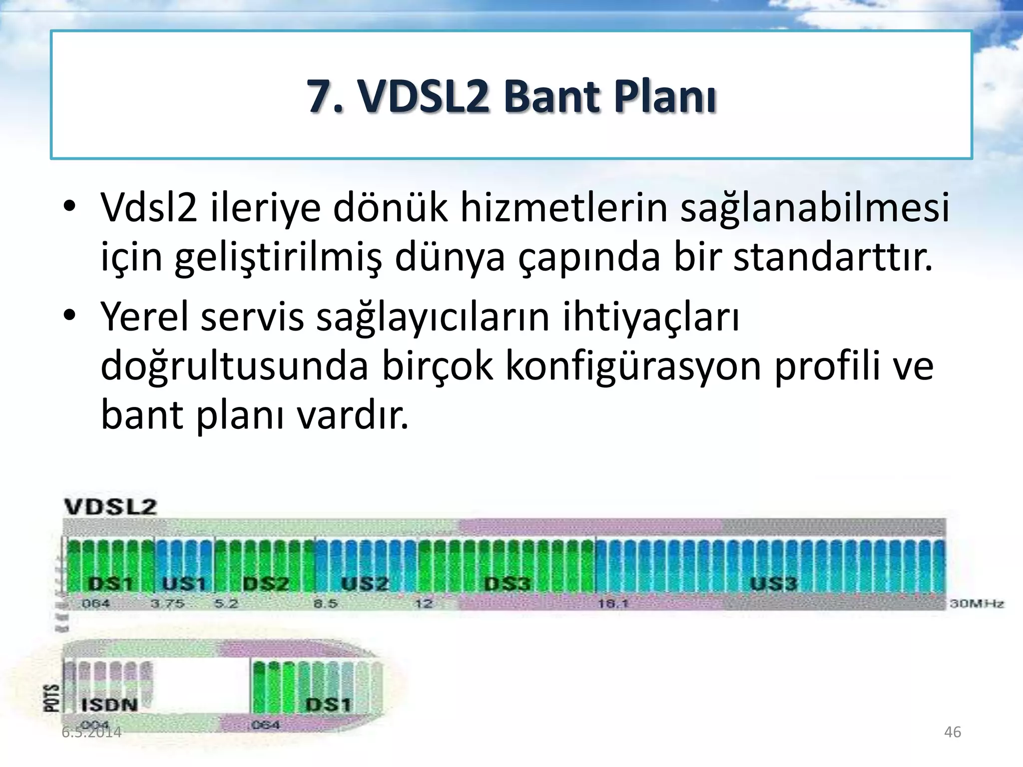 • Vdsl2 ileriye dönük hizmetlerin sağlanabilmesi
için geliştirilmiş dünya çapında bir standarttır.
• Yerel servis sağlayıcıların ihtiyaçları
doğrultusunda birçok konfigürasyon profili ve
bant planı vardır.
7. VDSL2 Bant Planı
6.5.2014 46
 