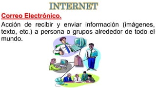 Correo Electrónico.
Acción de recibir y enviar información (imágenes,
texto, etc.) a persona o grupos alrededor de todo el
mundo.
INTERNET