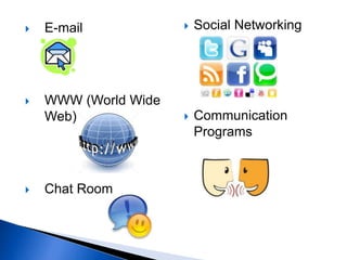 E-mail
 WWW (World Wide
Web)
 Chat Room
 Social Networking
 Communication
Programs
 