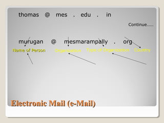 Electronic Mail (e-Mail)Electronic Mail (e-Mail)
thomas @ mes . edu . in
murugan @ mesmarampally . org
Continue……
Organization Type of OrganizationName of PersonName of Person Country
 
