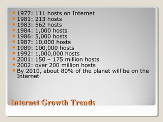 Internet Growth TrendsInternet Growth Trends
1977: 111 hosts on Internet
1981: 213 hosts
1983: 562 hosts
1984: 1,000 hosts
1986: 5,000 hosts
1987: 10,000 hosts
1989: 100,000 hosts
1992: 1,000,000 hosts
2001: 150 – 175 million hosts
2002: over 200 million hosts
By 2010, about 80% of the planet will be on the
Internet
 