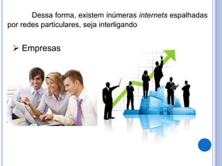 Dessa forma, existem inúmeras internets espalhadas 
por redes particulares, seja interligando 
 Empresas 
 