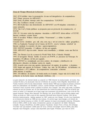 Línea de Tiempo Historia de la Internet 
1962. JCR Licklider tiene la premonición de una red intergaláctica de computadoras. 
1967. Primer proyecto de ARPANET. 
1969. Envió de primer mensaje entre dos computadoras “LOGWIN”. 
1971. Ray Tomlinson inventa el correo. 
1972. Bob Kahn hace una demostración de ARPANET con 40 máquinas conectadas y 
causa sensación. 
1974. Vint Cerf y Kahn publican su propuesta para un protocolo de comunicación, el 
TCP/IP. 
1983. El 1 de enero todas las máquinas vinculadas a ARPANET deben utilizar el TCP/IP, 
Internet comienza a tomar forma. 
1984. El novelista William Gibson publica “Neuromante”, y define la palabra 
“ciberespacio”. 
Creación de los dominios gov, mil, edu, com, org y net así como los sufijos geográficos. 
1986. La Fundación Nacional de la Ciencia de EE.UU. crea la ‘columna vertebral’ de 
Internet mediante la conexión de cinco supercomputadores. 
1989. NSFNET transmitía 1.5 millones de bits por segundo. 
1990. ARPANET deja de existir. Internet está consolidada y definida como una Red de 
redes. 
1991. Tim Berners Lee da a conocer la World Wide Web o Telaraña Mundial. 
1993. El navegador Mosaic facilita el acceso a la WWW, es precursor de Netscape. Se 
transmiten 45 millones de bits por segundo. 
1995. NSFNET es reemplazada por otros centros de cómputo y distribución de 
información ubicados en distintas partes de mundo. 
1998. Acuerdo para crear una agencia internacional de registro de nombres o dominios. 
1999. Según una agencia de Naciones Unidas, hay más de 200 millones de habitantes en 
el ciberespacio y 43.2 millones de computadoras conectadas a Internet. 
2000. Internet se masifica. 
2005. 164 millones de usuarios de banda ancha en el mundo. Auque más de la mitad de la 
población no ha hecho nunca una llamada telefónica. [2] 
La gran evolución de internet desde su creación en 1969 Internet ha revolucionado el mundo. Hoy 
cumple 40 años y ha alcanzado más de 2,4 billones de usuarios. Esta infografía desarrollada por 
Trustly muestra cómo ha ido evolucionando internet desde 1969 que se realizó la primera conexión 
entre los ordenadores de Standford y UCLA, cuando también nació ARPANET. En 1971, Ray 
Tomlinson envió el primer email y aparece el primer virus Creeper. Dos años más tarde, la palabra 
internet se usó por primera vez en una transmisión de control de protocolo. 1982 fue la fecha que 
marcó un antes y un después por el gran auge que supusieron los emoticonos y que a día de hoy 
siguen teniendo. Nueve años después Tim Berners Lee, de la CERN crea la primera página web. 
Yahoo se funda en 1994 y justo al año siguiente Microsoft lanza Internet Explorer. Otro de los 
términos revolucionarios, weblog aparece en 1997 usado por Jorn Barger. Un año muy importante 
en la historia de internet es 1998 por dos motivos. En primer lugar nace Google y el número de 
usuario de internet alcanza un millón. En 2001 aparece la mayor enciclopedia colectiva, Wikipedia. 
Entre el 2003 y 2005 se dan varias innovaciones gracias a la aparición de Safari, MySpace, 
LinkedIn, Skype y WordPress. En 2004 aparece Facebook, Gmail, Flickr y Vimeo. Sin embargo, 
YouTube tuvo que esperar a 2005 para ver la luz. Chrome de Google nace en 2008 y dos años 
después nace Instagram, aunque sólo disponible para Apple. Pinterest, que nace en 2010 
 