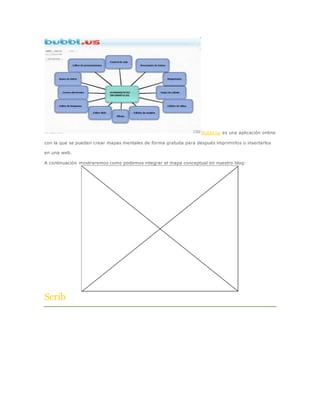 Bubbl.us es una aplicación online 
con la que se pueden crear mapas mentales de forma gratuita para después imprimirlos o insertarlos 
en una web. 
A continuación mostraremos como podemos integrar el mapa conceptual en nuestro blog: 
Scrib 
 