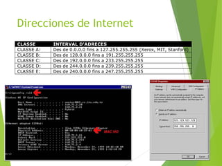 Direcciones de Internet
CLASSE INTERVAL D’ADRECES
CLASSE A: Des de 0.0.0.0 fins a 127.255.255.255 (Xerox, MIT, Stanford)
CLASSE B: Des de 128.0.0.0 fins a 191.255.255.255
CLASSE C: Des de 192.0.0.0 fins a 233.255.255.255
CLASSE D: Des de 244.0.0.0 fins a 239.255.255.255
CLASSE E: Des de 240.0.0.0 fins a 247.255.255.255
 