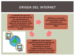 ORIGEN DEL INTERNET
La filosofía de esta red
consiste en que cada uno de
los ordenadores que
componen la misma sea
capaz de comunicarse, como
elemento individual, con
cualquier otra computadora de
la red.
ARPAnet en principio
interconectaba 4 grandes
ordenadores en
localizaciones secretas de
EEUU
DARPA fue quien diseño
específicamente el protocolo de
comunicaciones TCP/IP
(Transmission Control
Protocol/Internet Protocol),
extendido actualmente de forma
espectacular en todo el mundo.
 