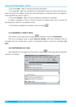 C E T A M - Centro de Educação Tecnológica do Amazonas216
Curso de Informática Básica - Internet
3. No campo Para - digite o endereço do principal destinatário.
4. No campo Cc - digite o(s) endereço(s) do(s) destinatário(s) para o(s) qual(is) você está envi-
ando uma cópia da mensagem. Quando são vários destinatários, os endereços devem ser obrigatoria-
mente separados por ponto e virgula (;).
5. No campo Assunto - digite uma breve descrição do conteúdo da mensagem.
6. Digite a mensagem na área em branco da janela. Se desejar poderá usar os recursos de
formatação para melhorar a visualização do texto.
7. Após finalizar a digitação da mensagem, clique no botão .
12.8 RECEBENDO E LENDO E-MAILS.
Para receber e-mail, basta clicar no botão localizado na barra de Ferramentas.
Para ler as mensagens clique na opção Caixa de entrada, onde ficam localizadas todas as
mensagens que são enviadas para o usuário. É especificado também o número de mensagens não
lidas.
12.9 RESPONDENDO UM E-MAIL
Para responder uma mensagem lida clique sobre o botão . Essa opção permite responder
somente ao remetente.
 