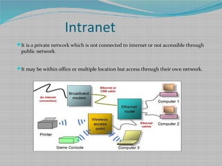 Intranet
It is a private network which is not connected to internet or not accessible through
public network.
It may be within office or multiple location but access through their own network.
 