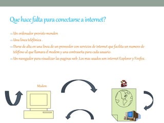 Quehacefaltaparaconectarseainternet?
∞Un ordenador provisto monden
∞Una línea telefónica .
∞Darse de alta en una línea de un proveedor con servicios de internet que facilita un numero de
teléfono al que llamara el modem y una contraseña para cada usuario.
∞Un navegador para visualizar las paginas web .Los mas usados son internet Explorer y Firefox.
Modem
 