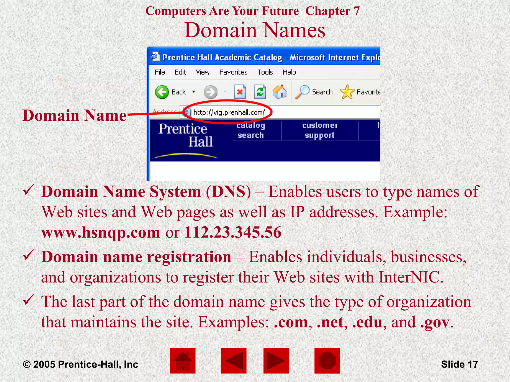 Computers Are Your Future Chapter 7
© 2005 Prentice-Hall, Inc Slide 17
Domain Name
Domain Names
 Domain Name System (DNS) – Enables users to type names of
Web sites and Web pages as well as IP addresses. Example:
www.hsnqp.com or 112.23.345.56
 Domain name registration – Enables individuals, businesses,
and organizations to register their Web sites with InterNIC.
 The last part of the domain name gives the type of organization
that maintains the site. Examples: .com, .net, .edu, and .gov.
 