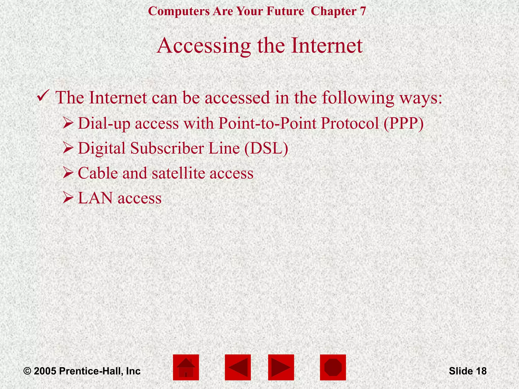 Computers Are Your Future Chapter 7
© 2005 Prentice-Hall, Inc Slide 18
Accessing the Internet
 The Internet can be accessed in the following ways:
Dial-up access with Point-to-Point Protocol (PPP)
Digital Subscriber Line (DSL)
Cable and satellite access
LAN access
 