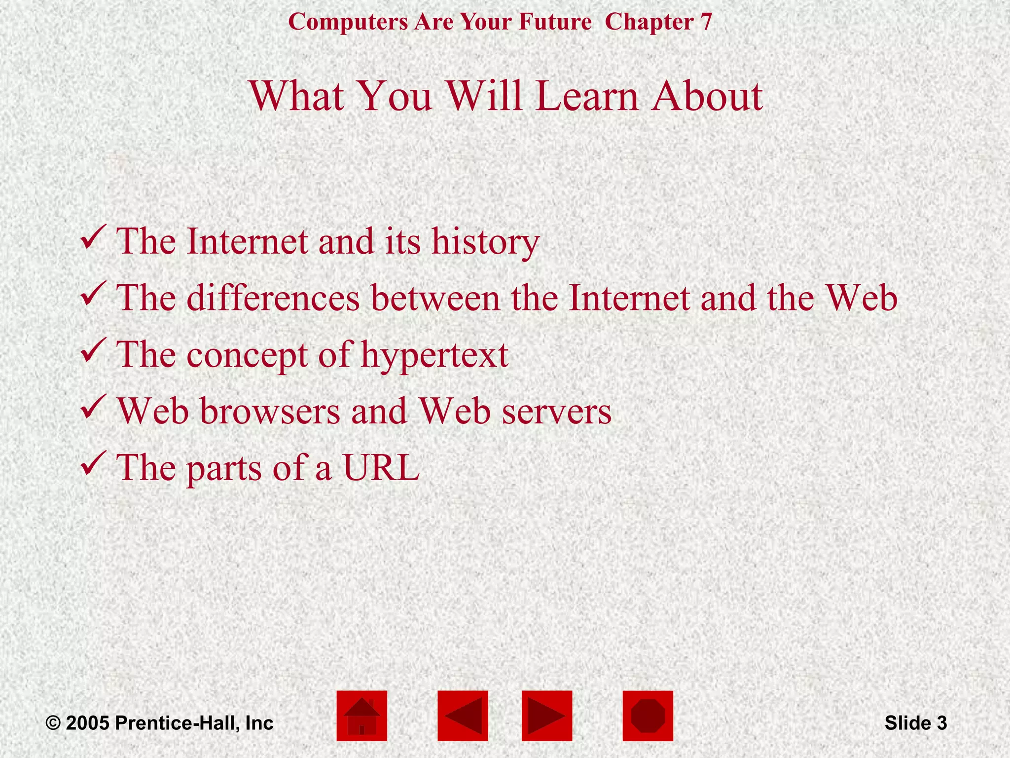 Computers Are Your Future Chapter 7
© 2005 Prentice-Hall, Inc Slide 3
What You Will Learn About
 The Internet and its history
 The differences between the Internet and the Web
 The concept of hypertext
 Web browsers and Web servers
 The parts of a URL
 