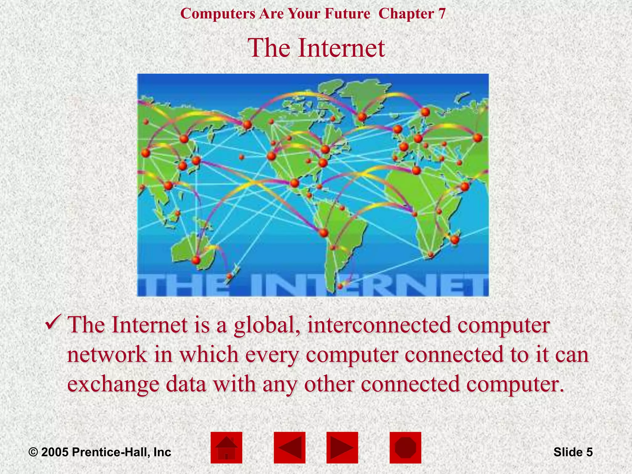 Computers Are Your Future Chapter 7
© 2005 Prentice-Hall, Inc Slide 5
The Internet
 The Internet is a global, interconnected computer
network in which every computer connected to it can
exchange data with any other connected computer.
 