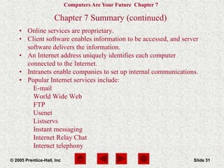 Computers Are Your Future Chapter 7
© 2005 Prentice-Hall, Inc Slide 31
Chapter 7 Summary (continued)
• Online services are proprietary.
• Client software enables information to be accessed, and server
software delivers the information.
• An Internet address uniquely identifies each computer
connected to the Internet.
• Intranets enable companies to set up internal communications.
• Popular Internet services include:
E-mail
World Wide Web
FTP
Usenet
Listservs
Instant messaging
Internet Relay Chat
Internet telephony
 
